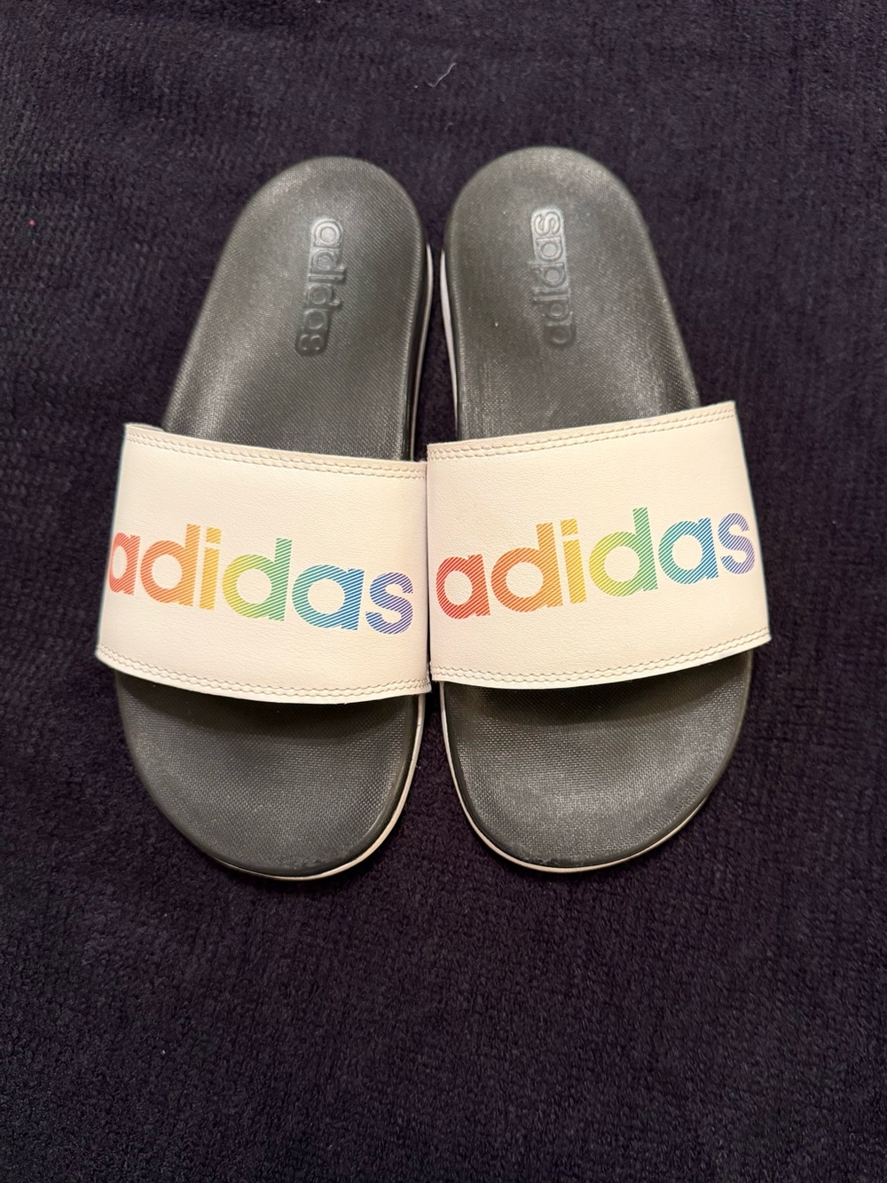 Adidas Kids Slide Sandals with Rainbow Logo Strap. Kids size 5. Women’s size 7.